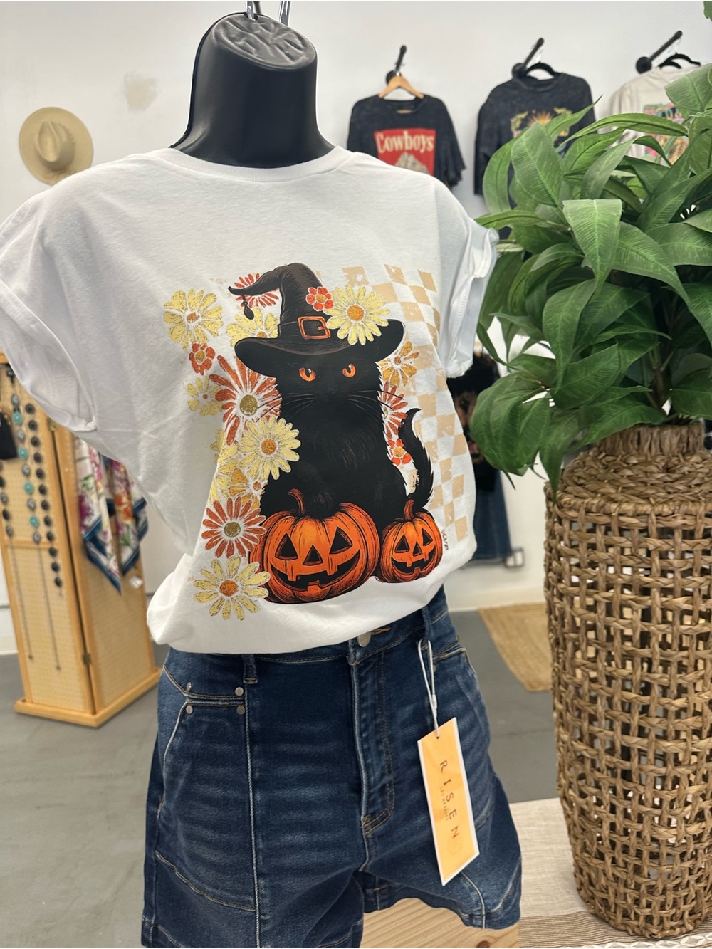 Unbranded Halloween Black Cat Graphic Tee - White